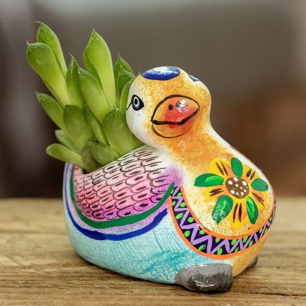 Handpainted Mini Ceramic Duck Flower Pot from Guatemala 'Herbaceous Duck'