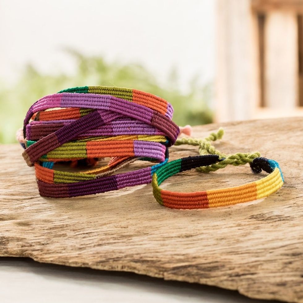Set of 15 Multicolor Macrame Wristbands Made in Guatemala 'Rainbow Sparkles'