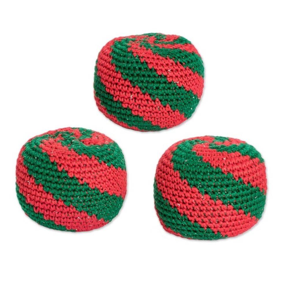 Set of 3 Handcrafted Cotton Hacky Sacks in Emerald and Red 'Emerald Fun'