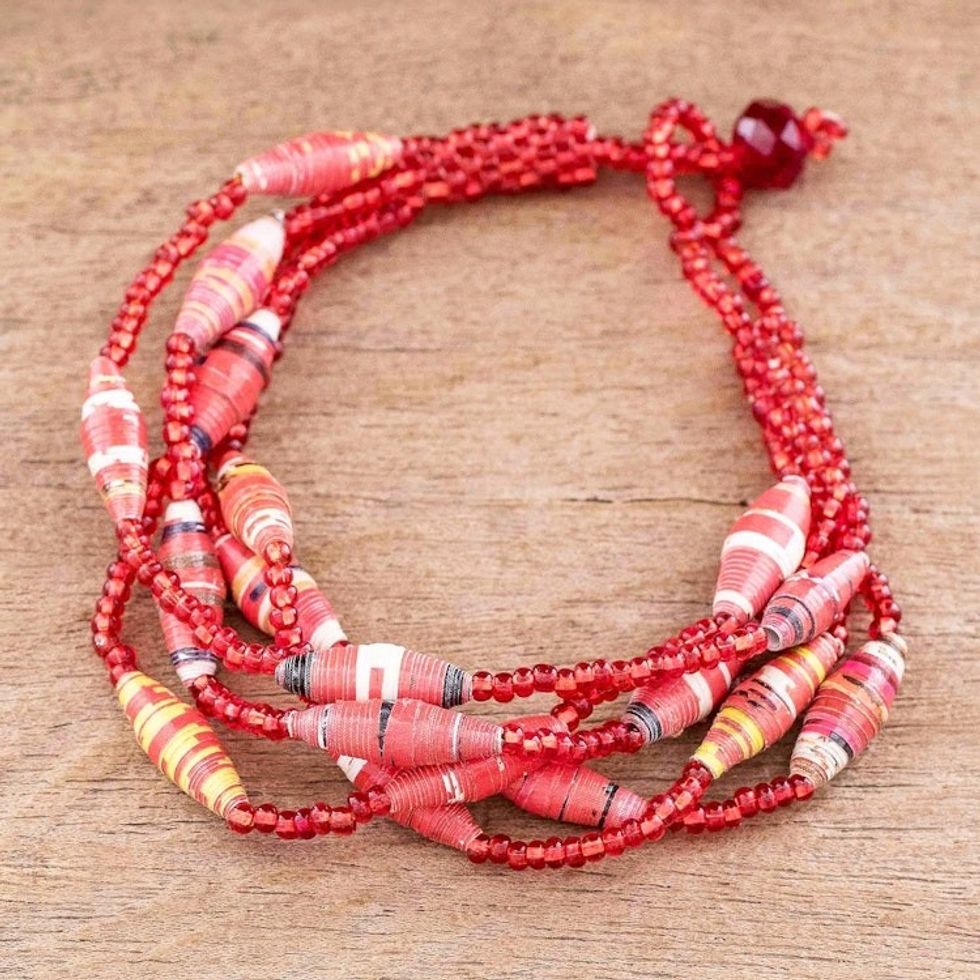 Red Beaded Recycled Paper Bracelet 'Bonds of Friendship in Red'