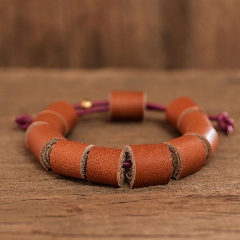 Handmade Eco Friendly Brown Leather Bracelet from Costa Rica 'Sepia Cylinders'