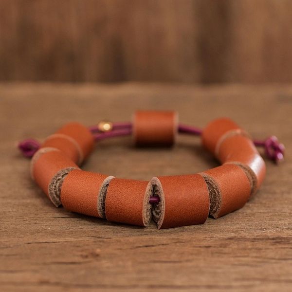 Alternate image for Handmade Eco Friendly Brown Leather Bracelet from Costa Rica Sepia Cylinders