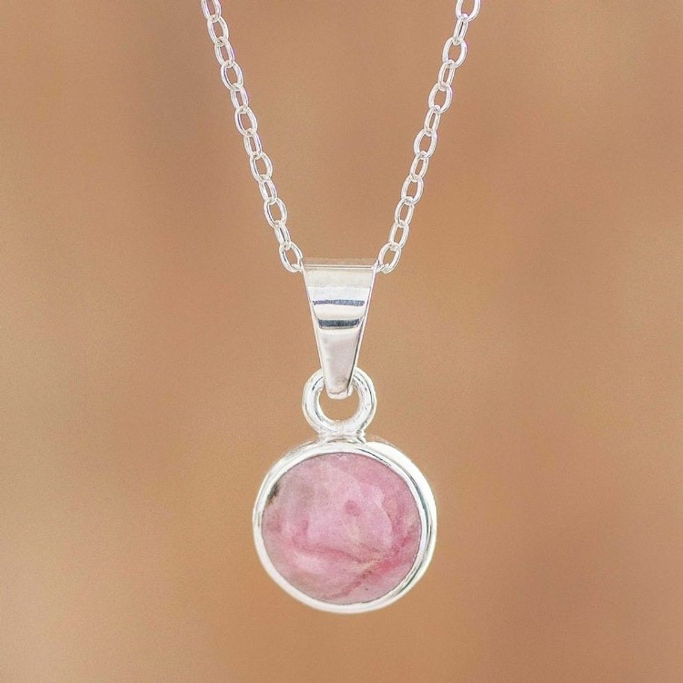 Natural Rhodonite and Silver Necklace 'Memorable Moon in Pink'