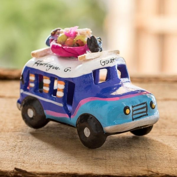 Alternate image for Blue and Turquoise 3.5 In Ceramic Bus from Guatemala Blue Old Time Bus
