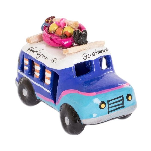 Alternate image for Blue and Turquoise 3.5 In Ceramic Bus from Guatemala Blue Old Time Bus