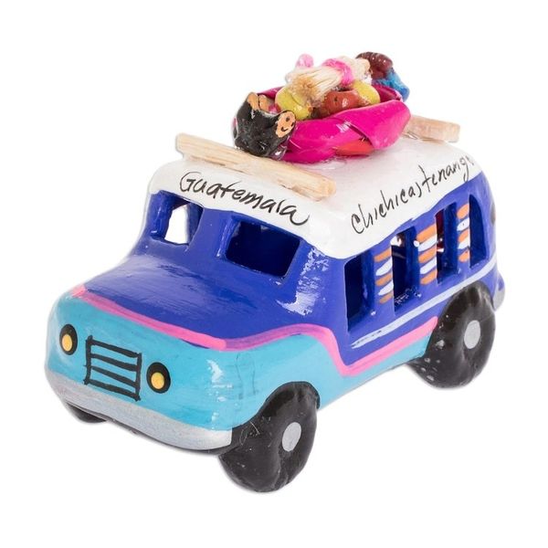 Alternate image for Blue and Turquoise 3.5 In Ceramic Bus from Guatemala Blue Old Time Bus