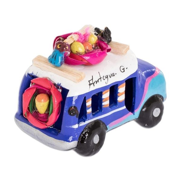 Alternate image for Blue and Turquoise 3.5 In Ceramic Bus from Guatemala Blue Old Time Bus