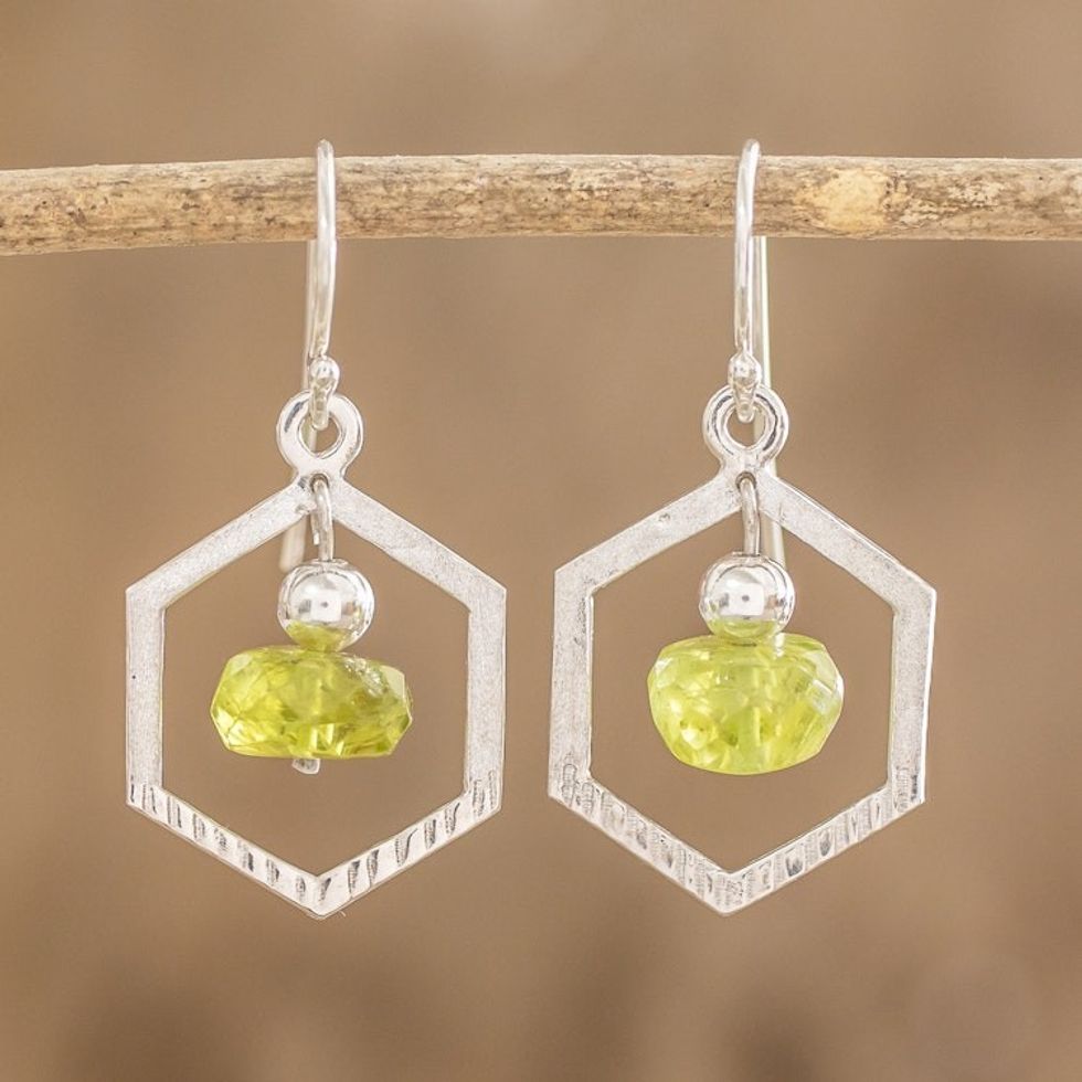 Crystal Beaded Green Sterling Silver Hexagon Dangle Earrings 'Hexagon in Green'