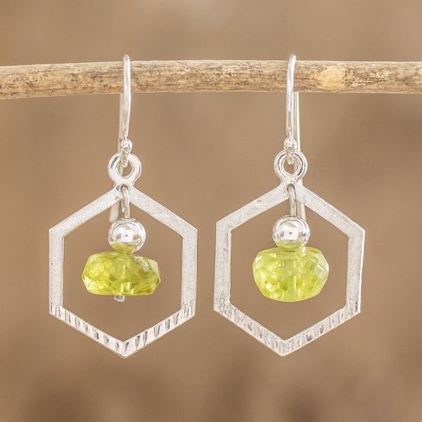 Alternate image for Crystal Beaded Green Sterling Silver Hexagon Dangle Earrings Hexagon in Green