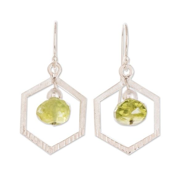 Alternate image for Crystal Beaded Green Sterling Silver Hexagon Dangle Earrings Hexagon in Green