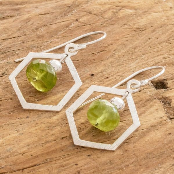 Alternate image for Crystal Beaded Green Sterling Silver Hexagon Dangle Earrings Hexagon in Green