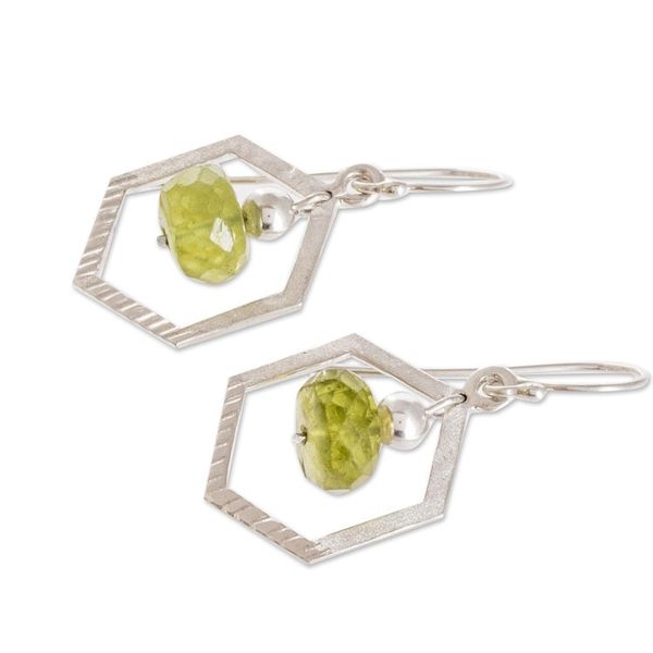 Alternate image for Crystal Beaded Green Sterling Silver Hexagon Dangle Earrings Hexagon in Green