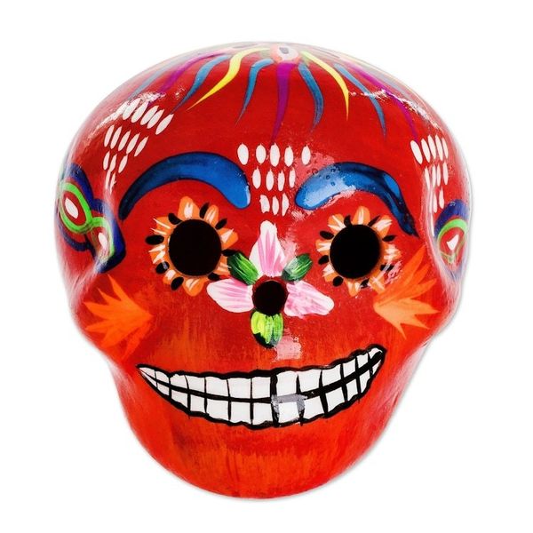 Alternate image for Multicolored Ceramic Figurine Flowery Skull in Red