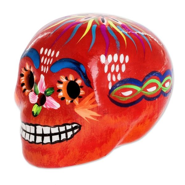 Alternate image for Multicolored Ceramic Figurine Flowery Skull in Red