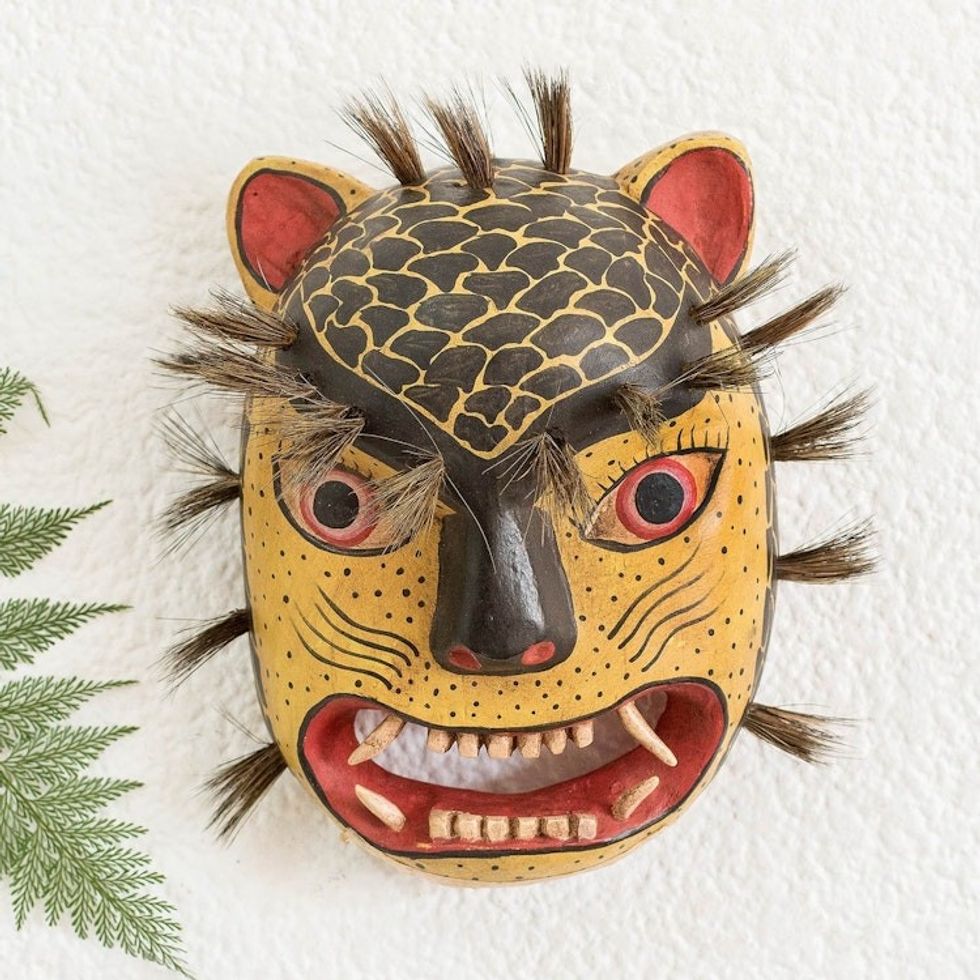 Carved Wood Decorative Jaguar Mask from Guatemala 'Powerful Jaguar'