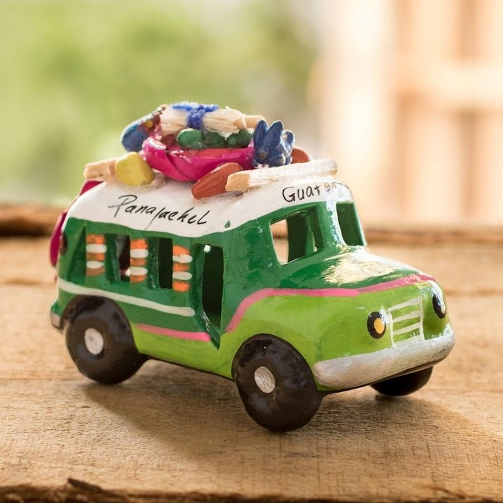 Mini 3.5 Inch Green Ceramic Bus Sculpture from Guatemala 'Green Old Time Bus'