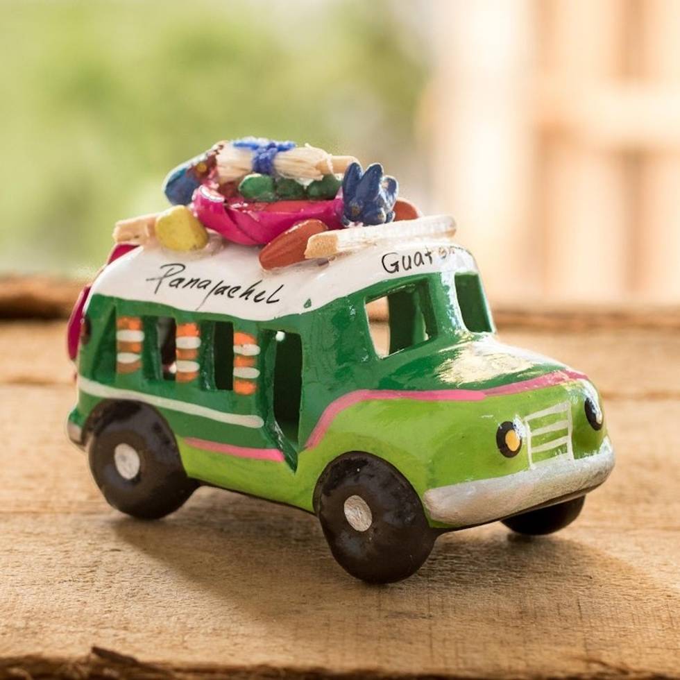 Mini 3.5 Inch Green Ceramic Bus Sculpture from Guatemala 'Green Old Time Bus'