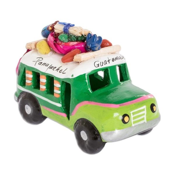 Alternate image for Mini 3.5 Inch Green Ceramic Bus Sculpture from Guatemala Green Old Time Bus