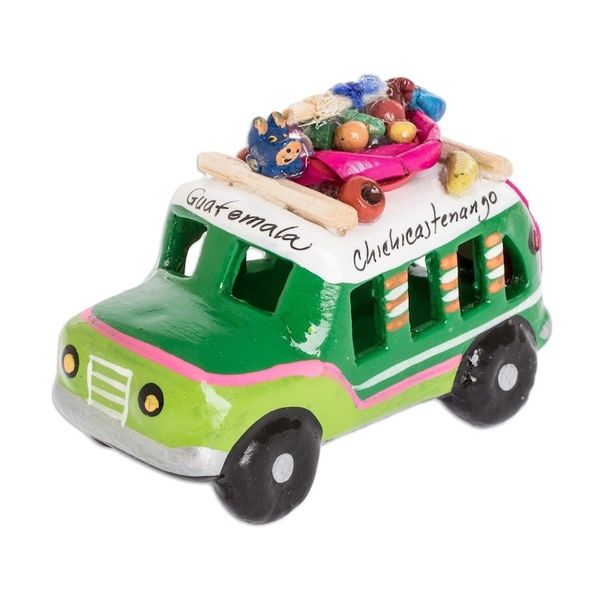 Alternate image for Mini 3.5 Inch Green Ceramic Bus Sculpture from Guatemala Green Old Time Bus