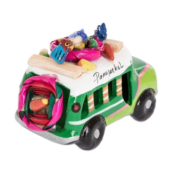 Alternate image for Mini 3.5 Inch Green Ceramic Bus Sculpture from Guatemala Green Old Time Bus