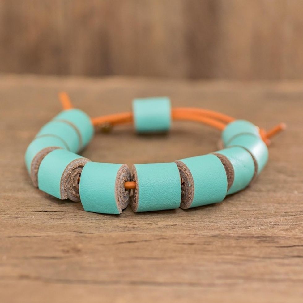 Costa Rica Handmade Eco Friendly Blue Leather Bracelet 'Seafoam Cylinders'