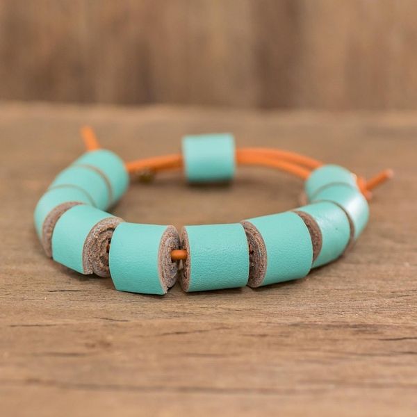 Alternate image for Costa Rica Handmade Eco Friendly Blue Leather Bracelet Seafoam Cylinders