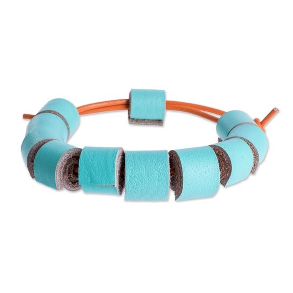 Alternate image for Costa Rica Handmade Eco Friendly Blue Leather Bracelet Seafoam Cylinders