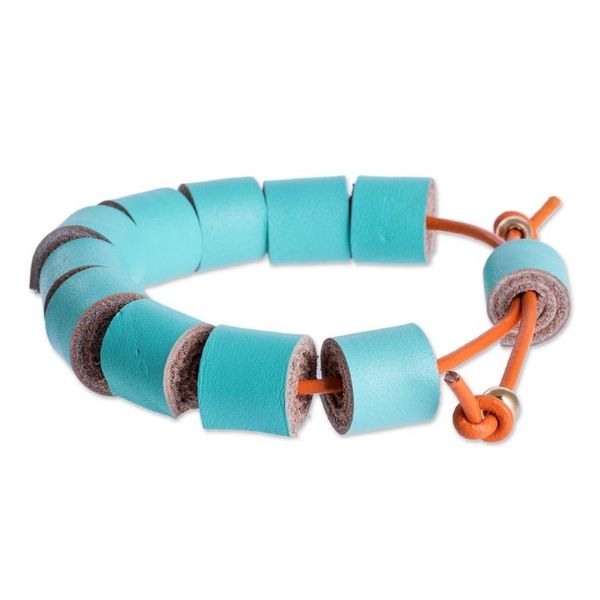 Alternate image for Costa Rica Handmade Eco Friendly Blue Leather Bracelet Seafoam Cylinders