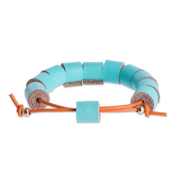 Alternate image for Costa Rica Handmade Eco Friendly Blue Leather Bracelet Seafoam Cylinders