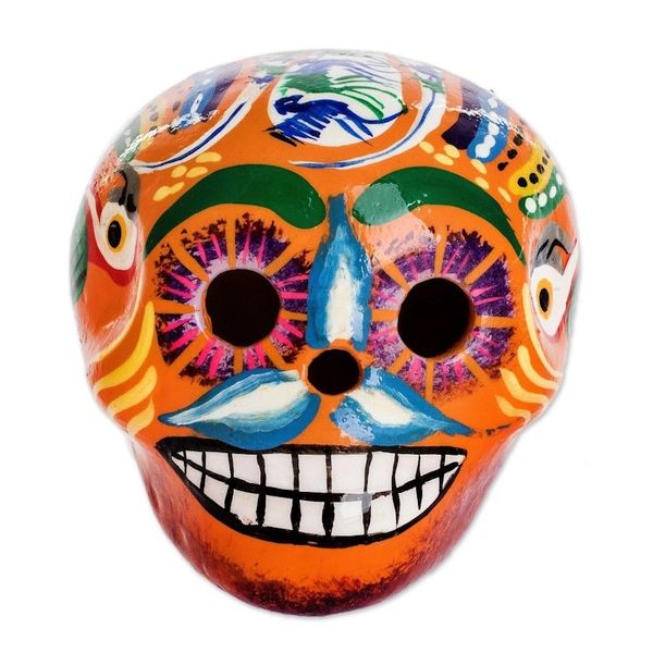 Alternate image for Hand-Painted Ceramic Figurine from Guatemala Skull with Macaws in Orange