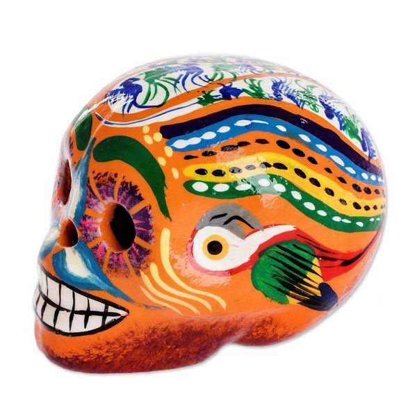 Alternate image for Hand-Painted Ceramic Figurine from Guatemala Skull with Macaws in Orange