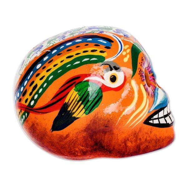 Alternate image for Hand-Painted Ceramic Figurine from Guatemala Skull with Macaws in Orange