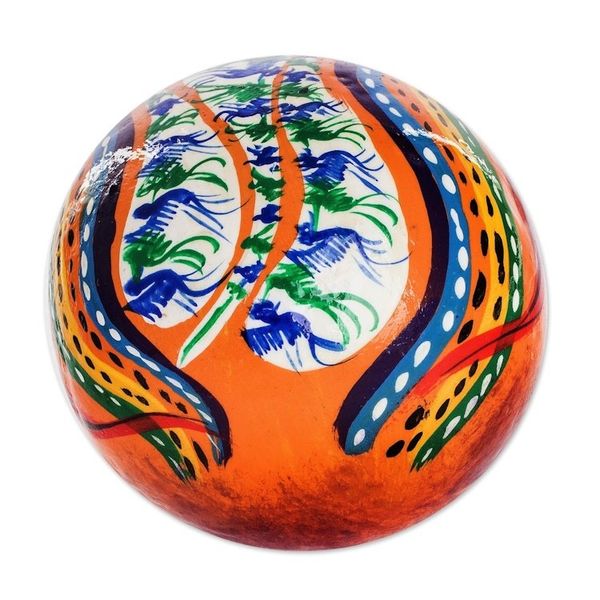 Alternate image for Hand-Painted Ceramic Figurine from Guatemala Skull with Macaws in Orange