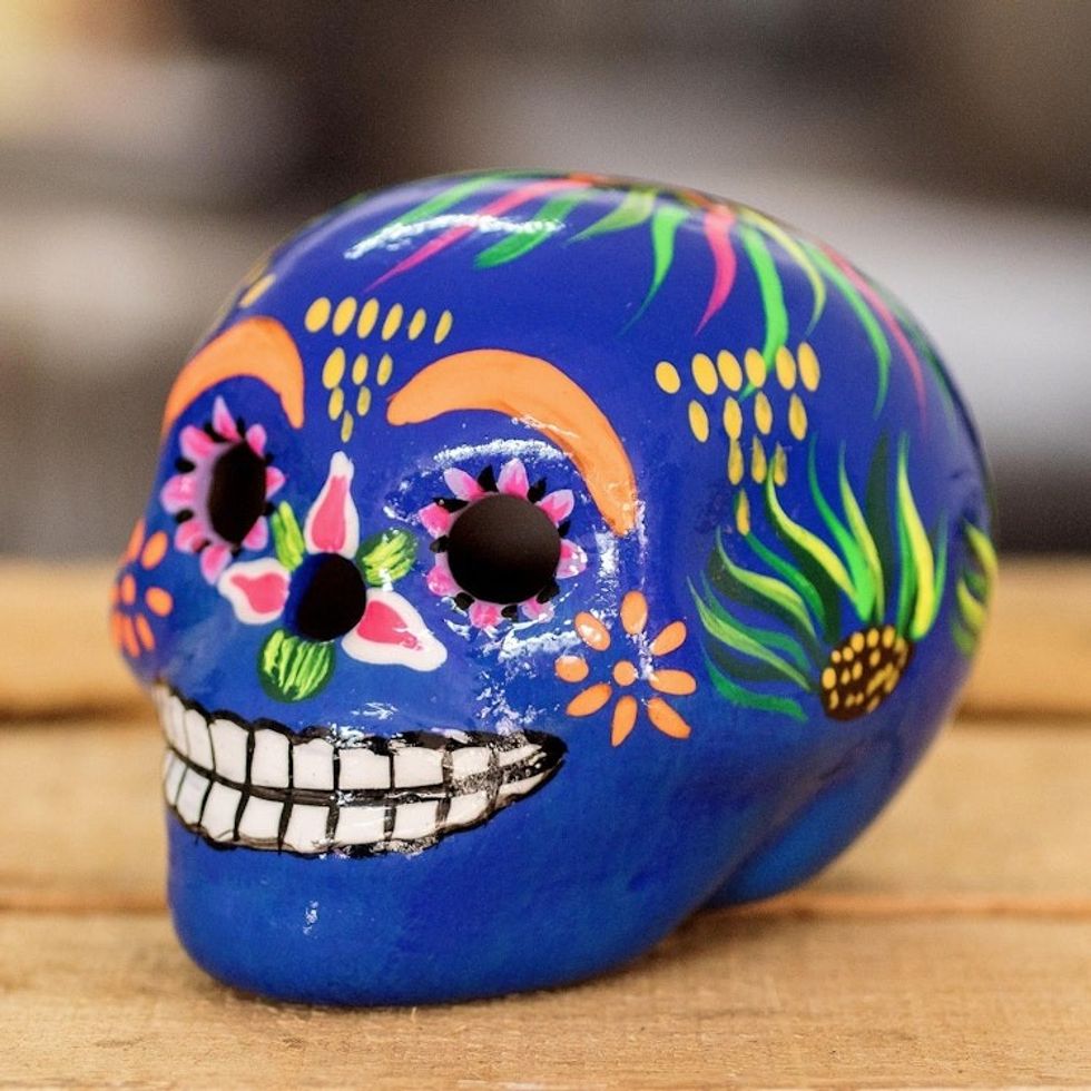 Artisan Crafted Ceramic Figurine 'Flowery Skull in Blue'