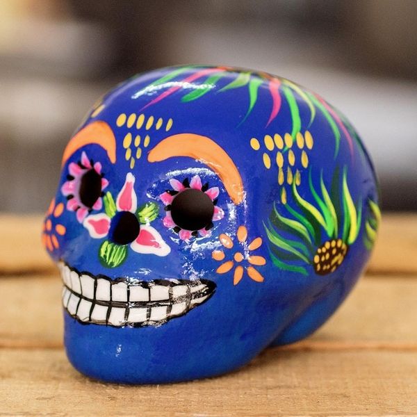 Alternate image for Artisan Crafted Ceramic Figurine Flowery Skull in Blue