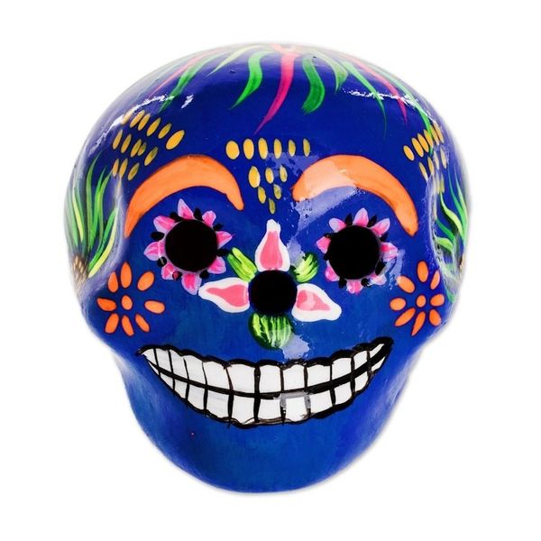 Alternate image for Artisan Crafted Ceramic Figurine Flowery Skull in Blue