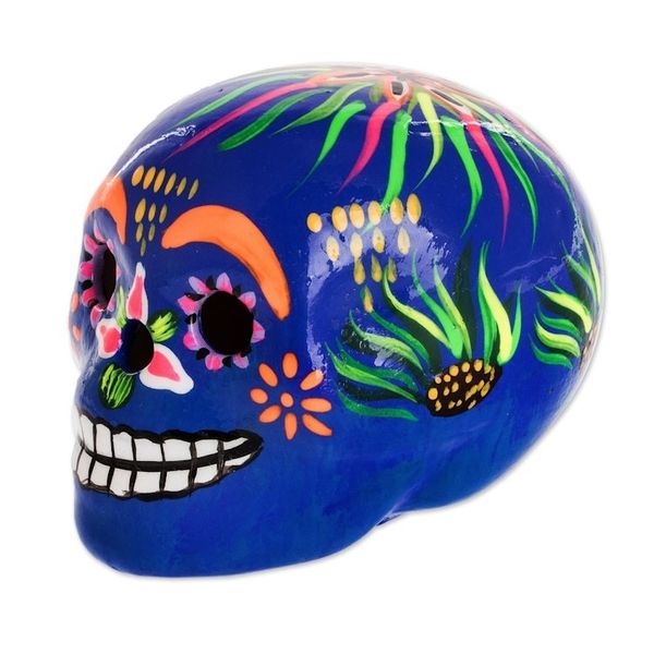 Alternate image for Artisan Crafted Ceramic Figurine Flowery Skull in Blue