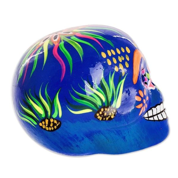 Alternate image for Artisan Crafted Ceramic Figurine Flowery Skull in Blue