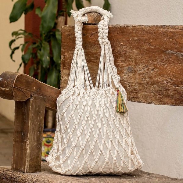 Alternate image for Diamond-themed Cotton Macrame Shoulder Bag with Tassel Diamond Charm