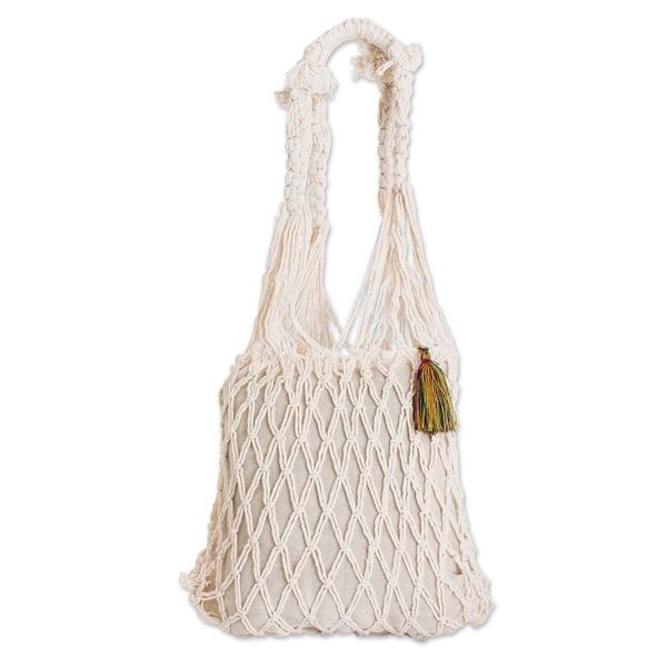 Alternate image for Diamond-themed Cotton Macrame Shoulder Bag with Tassel Diamond Charm