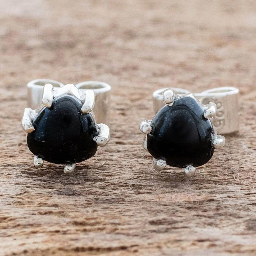 Natural Black Jade Stud Earrings 'Trillium in Black'