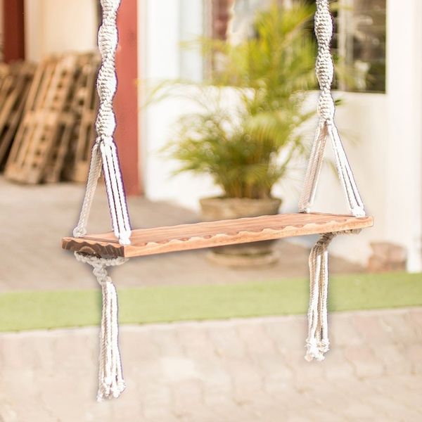 Alternate image for Cotton Macrame and Brown Pine Swing with Brass Hooks Caribbean Breeze