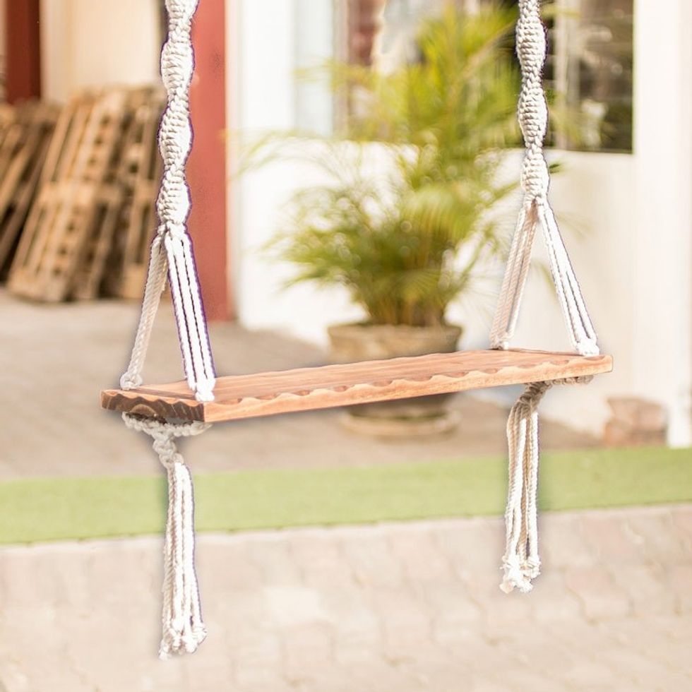 Cotton Macrame and Brown Pine Swing with Brass Hooks 'Caribbean Breeze'