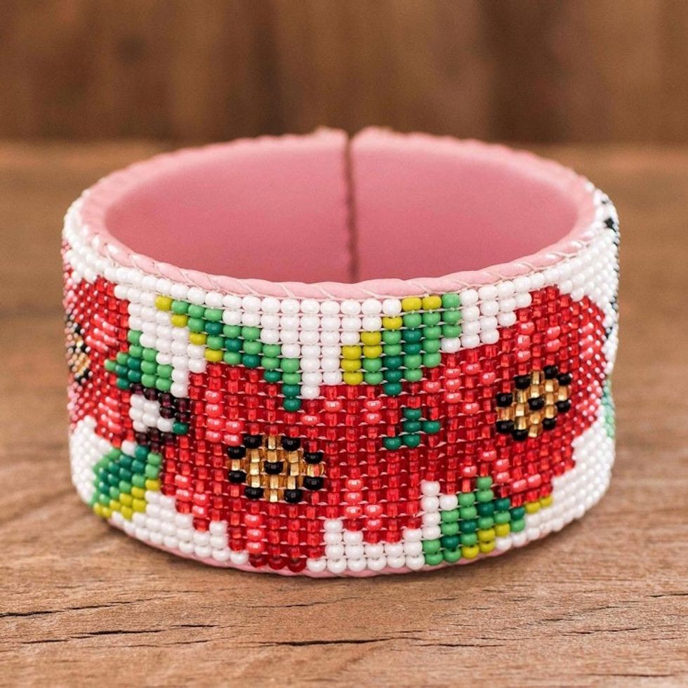 Handmade Floral Bead Cuff Bracelet 'Flowers of Spring'