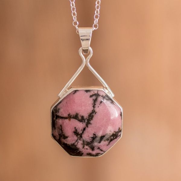 Alternate image for Sterling Silver Pendant Necklace with Rhodonite Stone Octagonal