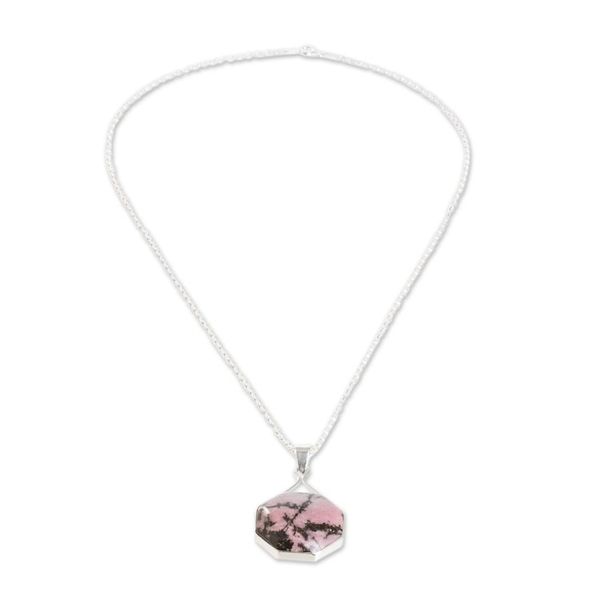 Alternate image for Sterling Silver Pendant Necklace with Rhodonite Stone Octagonal