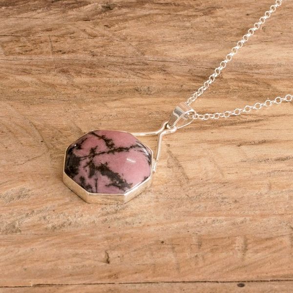 Alternate image for Sterling Silver Pendant Necklace with Rhodonite Stone Octagonal
