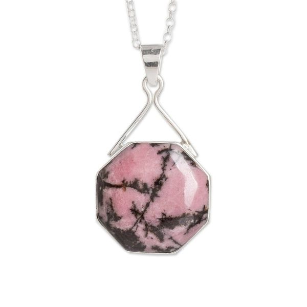 Alternate image for Sterling Silver Pendant Necklace with Rhodonite Stone Octagonal