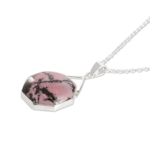 Alternate image for Sterling Silver Pendant Necklace with Rhodonite Stone Octagonal