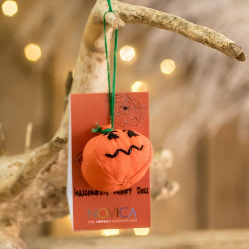 Handcrafted Cotton Pumpkin Worry Doll from Guatemala 'Bewitching Pumpkin'